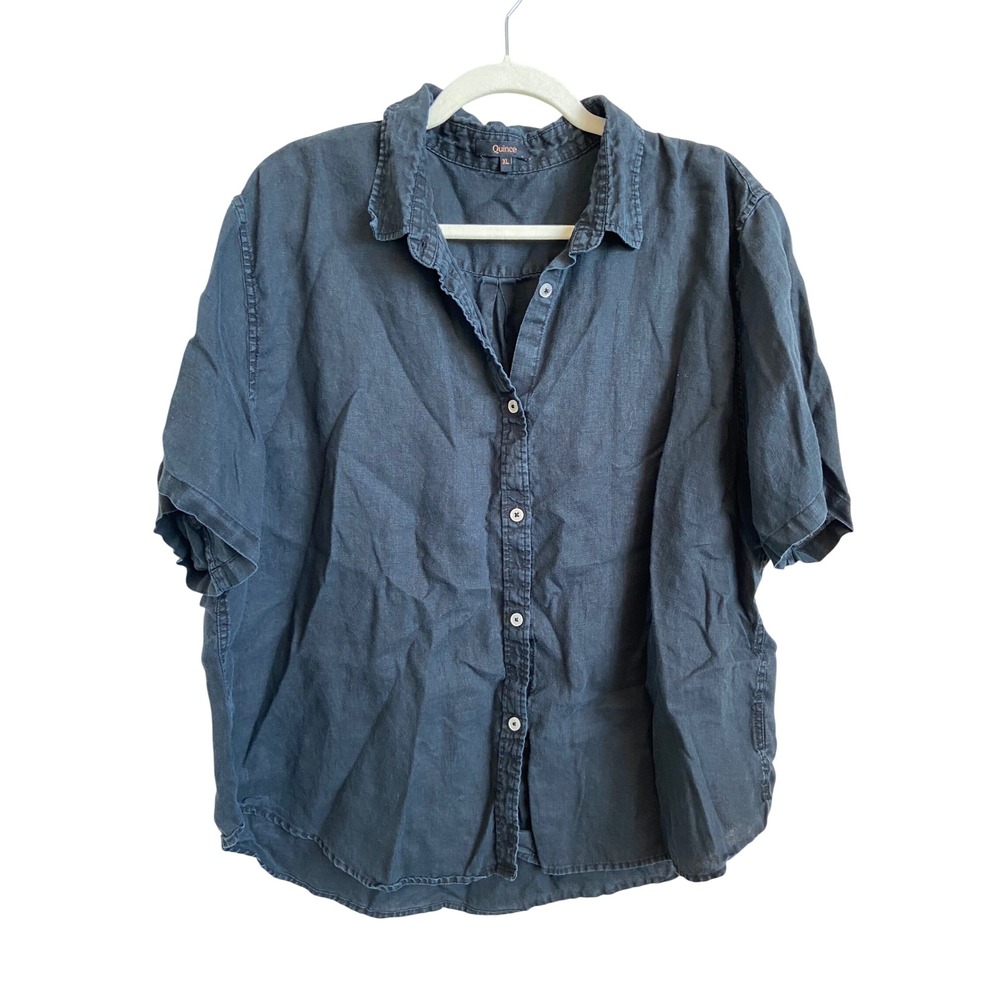 Quince 100% European Linen Short Sleeve Button Down Shirt Black XL